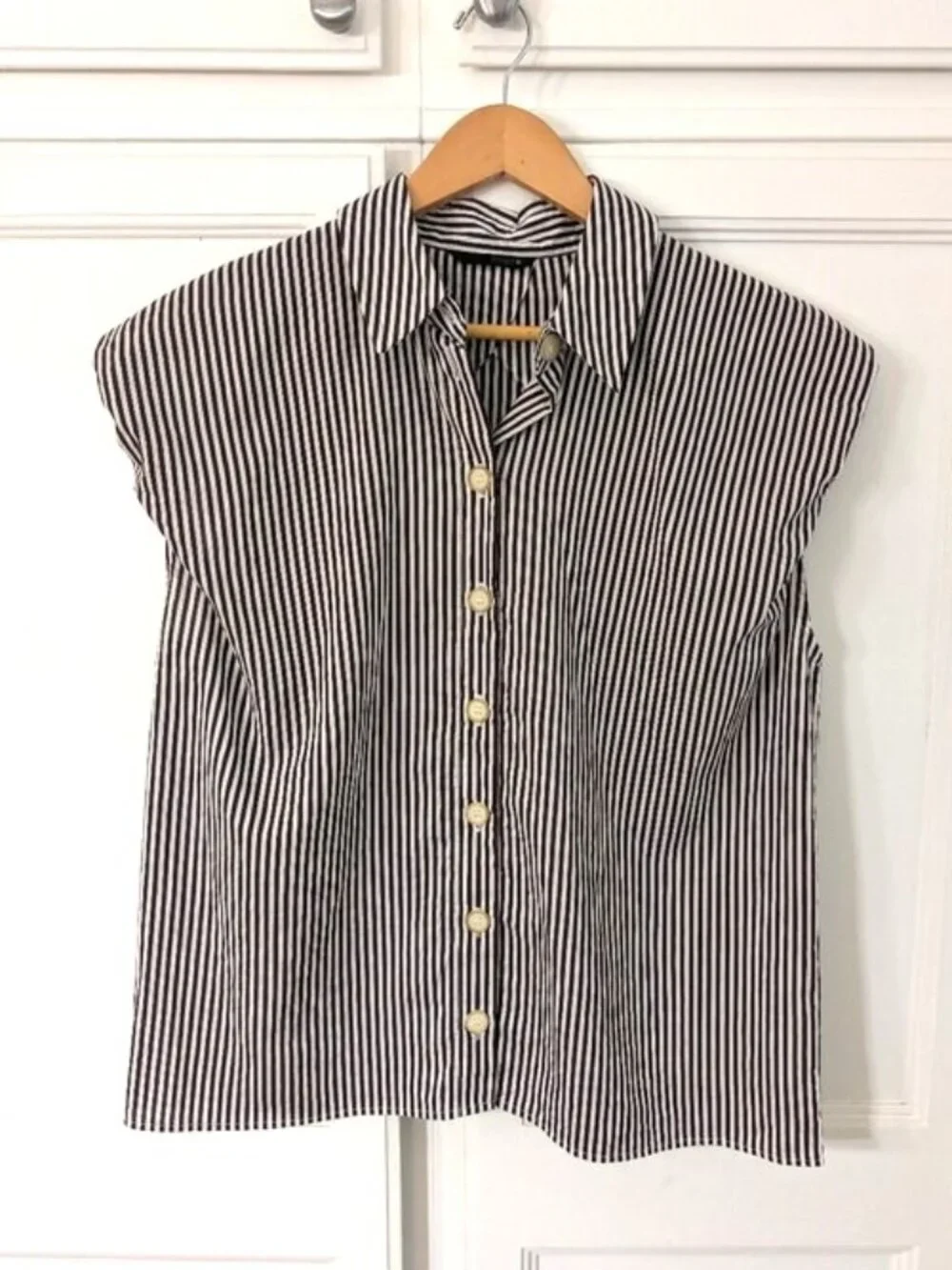 Like New Zara 100% Cotton Puff Sleeve Button-Front Shirt Brown Stripe Size S
